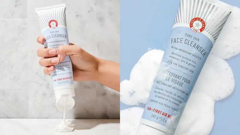 On the left: A hand squeezes the First Aid Beauty Pure Skin Facial Cleanser bottle and a white formula pours out onto a marble countertop. On the right: The First Aid Beauty Pure Skin Facial Cleanser lays in a puddle of the white formula which is on top of a light blue background.