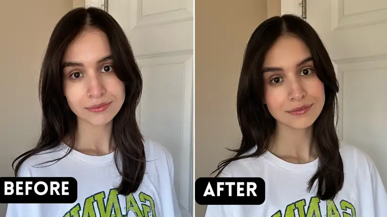 Portrait of a woman not wearing foundation and another portrait of her wearing foundation.