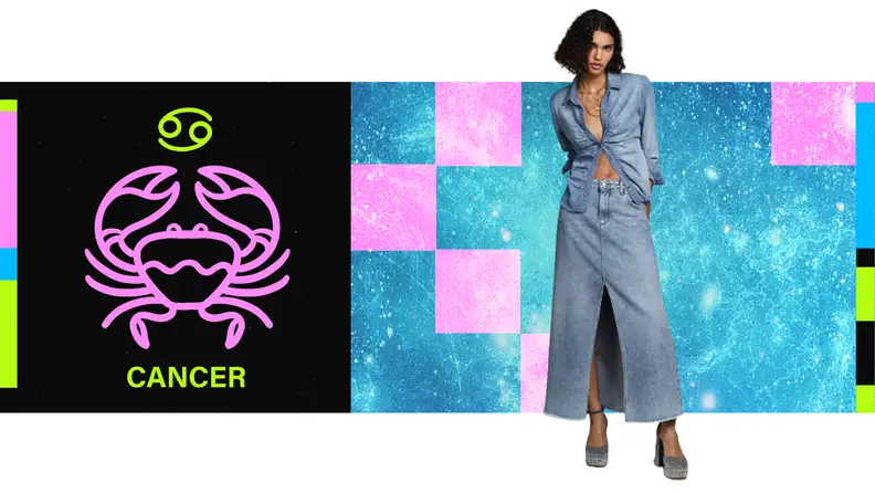 On the left is the symbol for Cancer, and on the right is a model wearing a denim ensemble with a maxi skirt with a high slit.