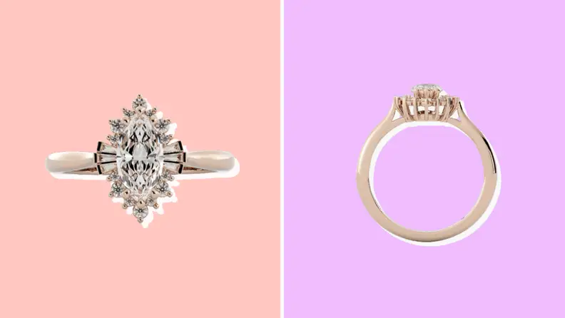 An engagement ring from Olive Ave shown from two different angles.