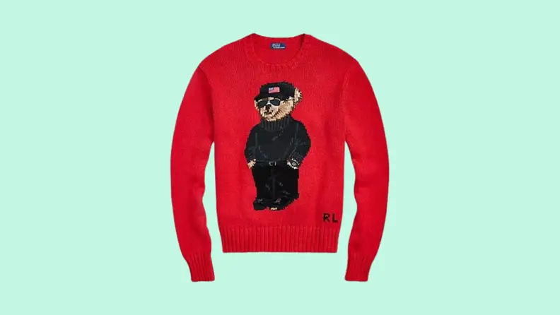 A product shot of a Ralph Lauren Polo Bear sweater.