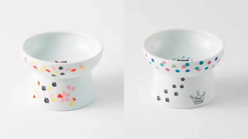 An image of two raised ceramic bowls in polka dot print.