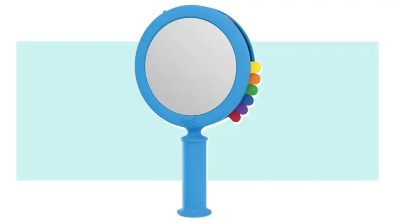 A Hand2Mind See My Feelings Mirror in blue with a rainbow-colored array of tabs with facial expressions for children to match.