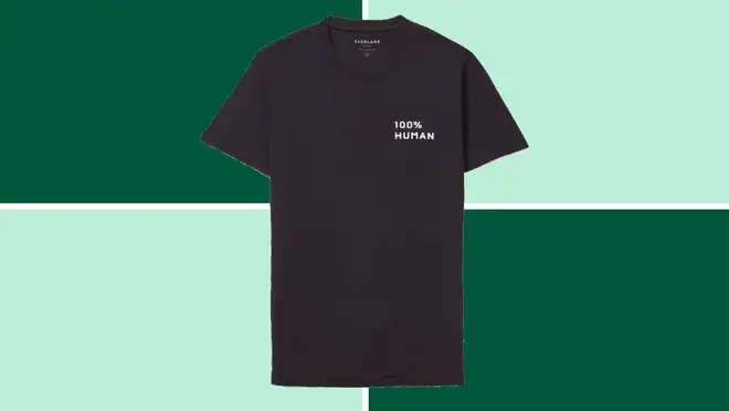 A black Everlane 100% Human Crew t-shirt on a dark and light green background.
