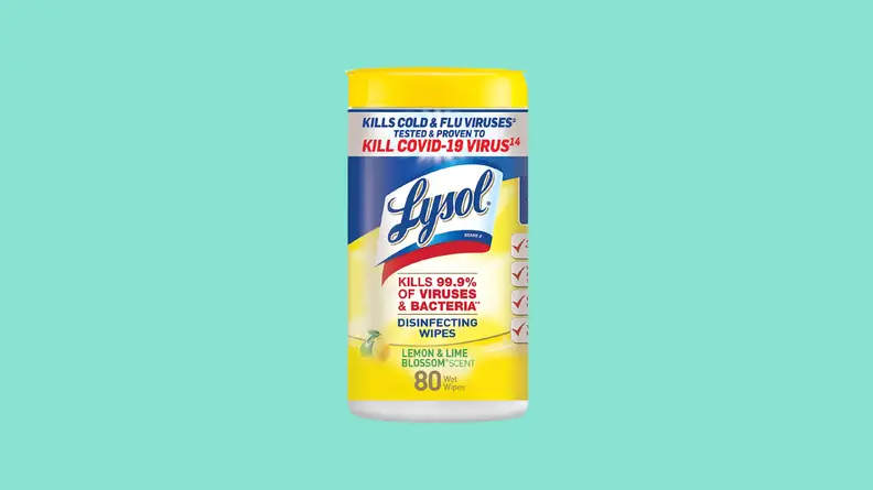 Container of disinfectant wipes against teal background