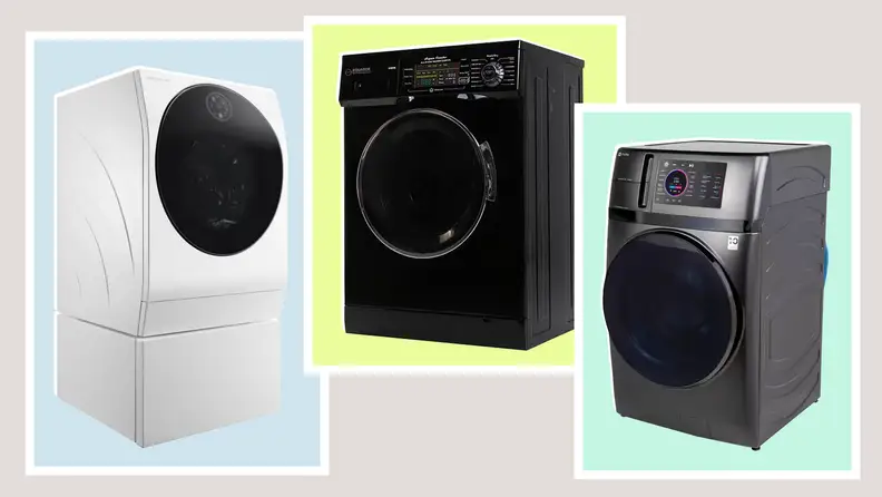 Three washer-dryer combos on pastel colored backgrounds