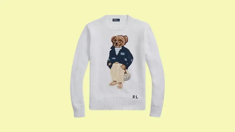 A product shot of a Ralph Lauren Polo Bear sweater.