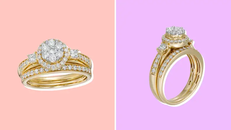 Collage of an engagement ring shown from two different angles at Zales.