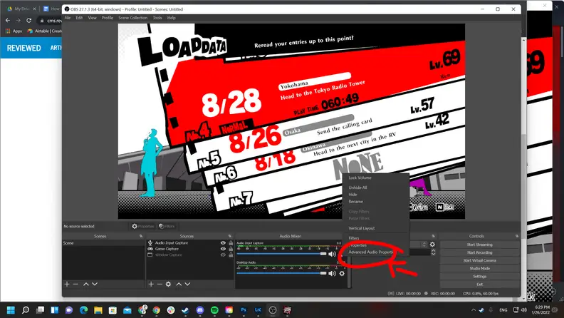 Screenshot of right click on Audio Properties cog