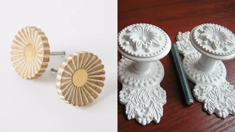 On left, wooden knobs flower shaped knobs from Anthropologie. On right, white Victorian style knobs.
