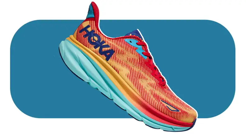 A pair of red and orange Hoka Clifton 9 sneakers