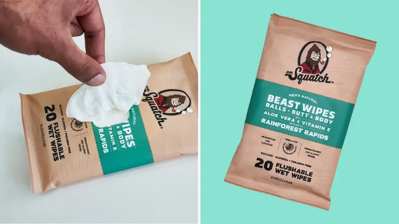 A pack of Dr. Squatch Beast Wipes, and a photograph of a hand pulling one of the wipes out of the pack.