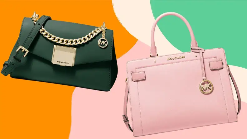 A green and a pink Michael Kors handbag against a colorful background.