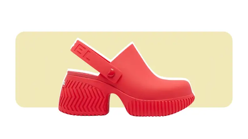 A heeled platform clog made from EVA rubber.