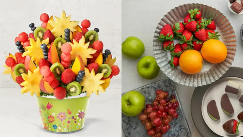 On left, colorful fruit arrangement. On right, assorted fruits on plates.
