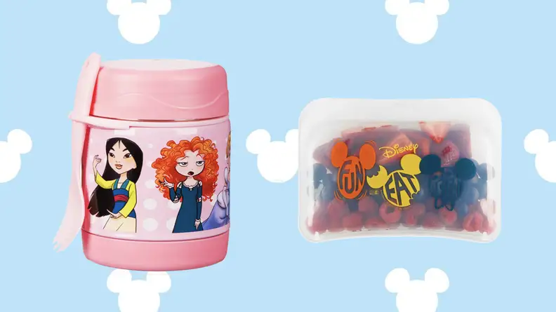 princess food container and mickey stasher bag on light blue disney background
