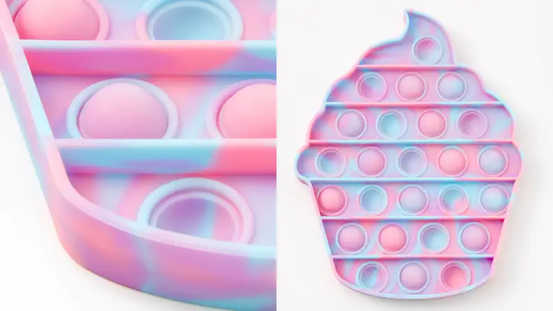 A pink and purple cupcake-shaped pop-it toy on the right, with a close up of the pop bubbles on the left