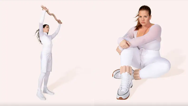 A man posing with the Bala Beam and a woman posing with the Bala Bangle ankle weights.
