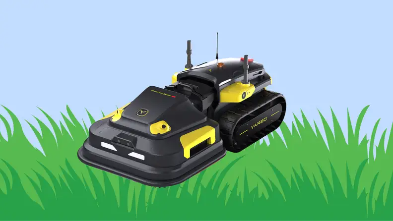 A robot lawn mower on a graphic of sky and grass