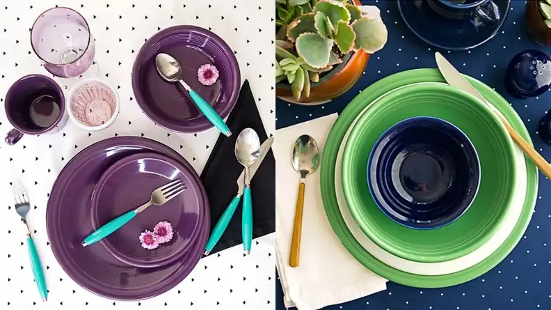 Purple, green, and blue plates stacked for a place setting.