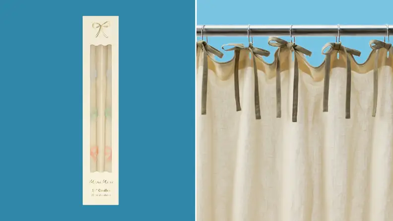 Photo collage of box with two taper candles adorned with bows and a cream colored linen shower curtain with bows hanging off of shower rod..