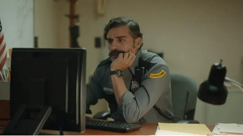 An image from the short film "The Letter Room" featuring Oscar Isaac.