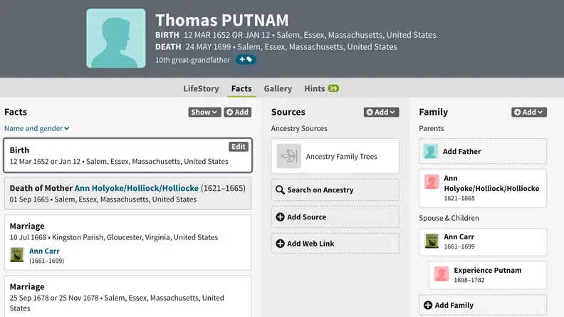 Screenshot of info on Thomas Putnam