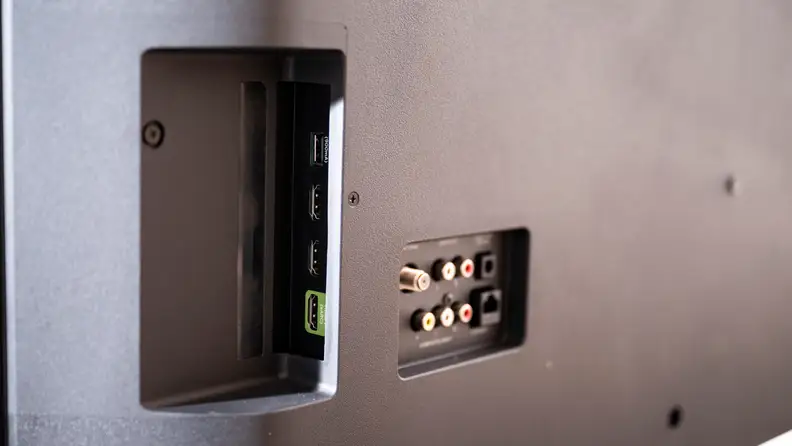 The cutouts on the back of the 2021/2022 Vizio V-Series that house the TV's input selection