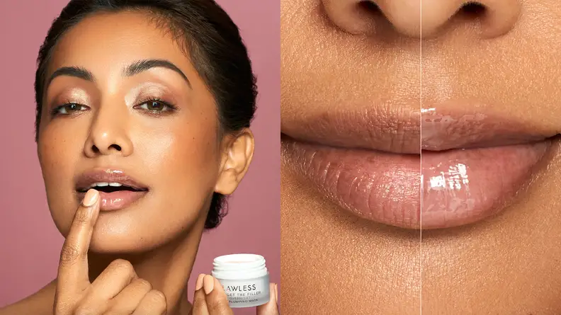 On the left: The model looking at the camera and using one hand to hold the white jar of lip balm and a finger on the other hand to apply it to the lips. On the right: A person's lips with lip mask on one side of their mouth and not on the other.