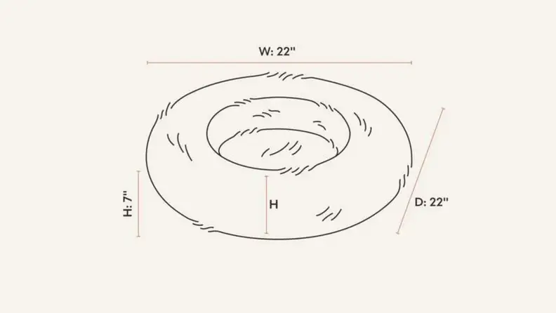 An illustration of the Tuft + Paw Nuzzle cat bed shows its dimensions, 22 inches wide and 7 inches tall