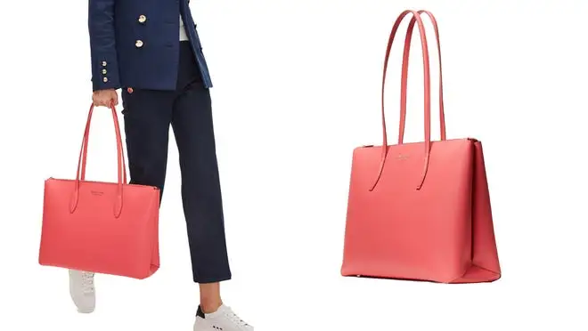 Woman carrying coral colored tote