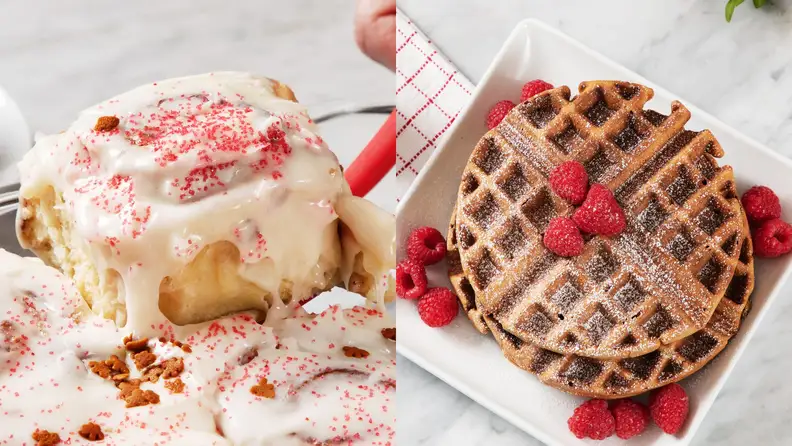 Left: frosted cinnamon roll getting pulled out of a casserole dish. Right: stack of gingerbread waffles shot from above