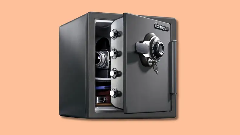 The SentrySafe Fireproof and Waterproof Steel Home Safe on an orange background.