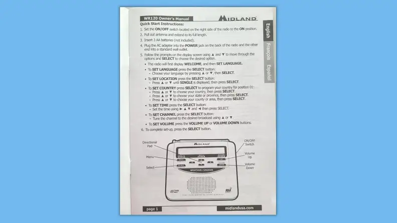 The instructions booklet for the weather radio.