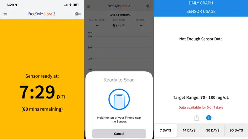 Screenshots of in-app use of the Freestyle’s Libre 2 app.