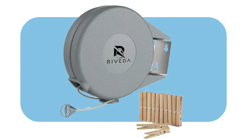 Product shot of gray retractable clothesline next to wooden clips.