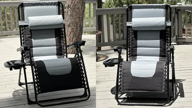 Best Choice Products Oversized Padded Zero Gravity Chair outdoors on wooden patio deck.