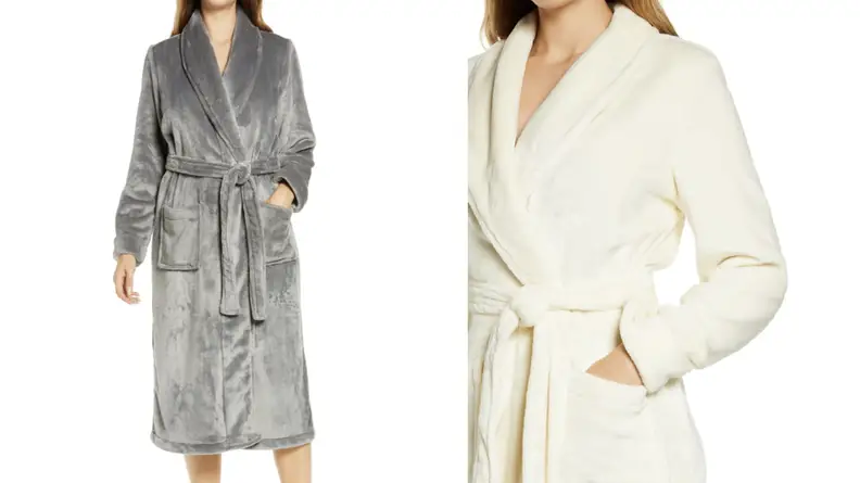 Person wearing gray and cream plush robe.