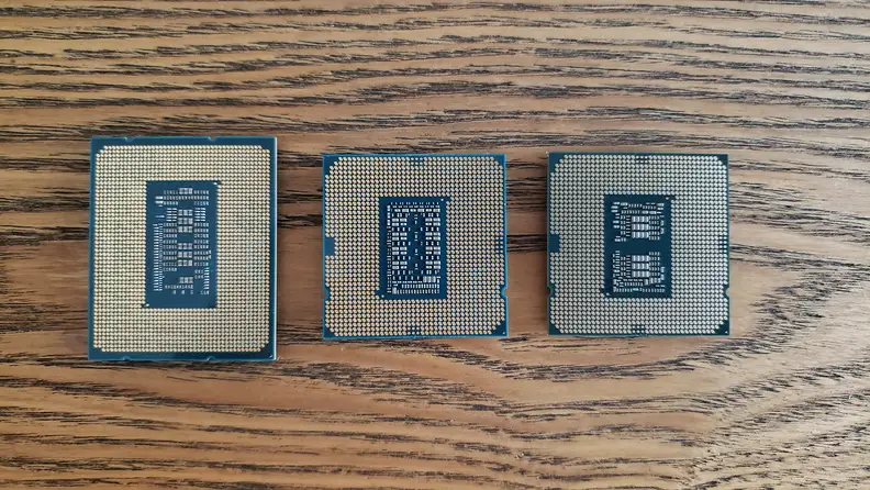 The underside of three computer processors