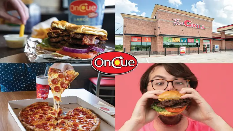 Collage of OnCue food items, storefront, and a customer eating a burger