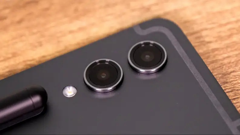 A close-up of the twin cameras on the back of the Galaxy Tab s9+