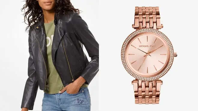 On left, person wearing olive green t-shirt and black leather jacket. On right, rose gold watch