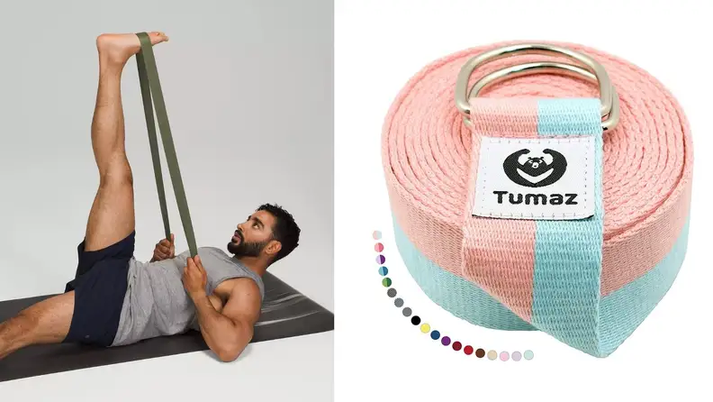 A man using a yoga strap for a hamstring stretch and a strap rolled up