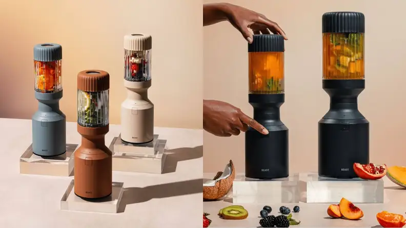 Photo collage of a blue, brown and cream Beast Blender Mini filled with different fruits next to a person's finger pressing button on a filled black Beast Blender Mini in order to activate blending while also next to a full size black Beast Blender Mini and surrounded by fruits.