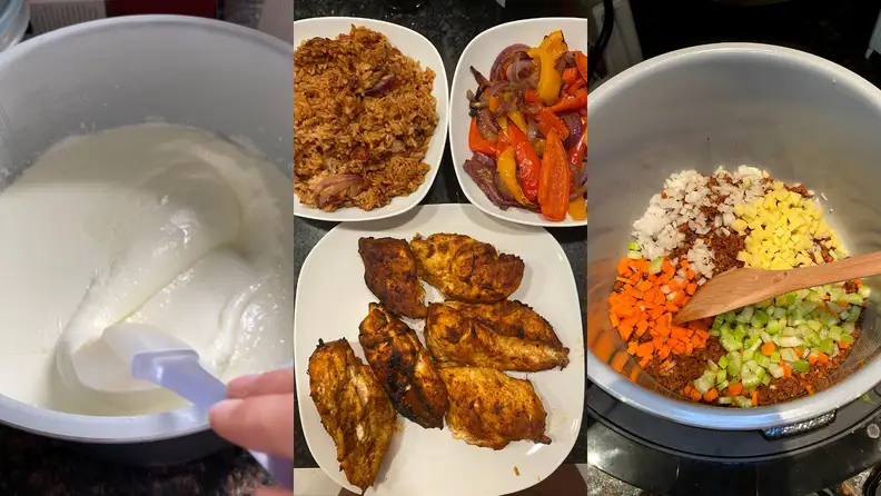 Three images of food being prepared and served for a dinner.