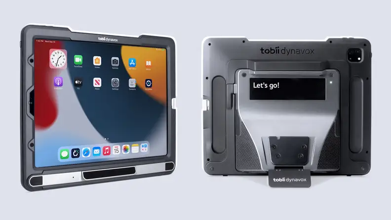 Front and back angles of a tablet-based AAC device.