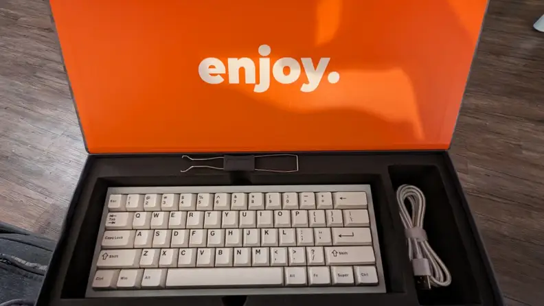 The CyberPowerPC K60 Keyboard inside its packaging.