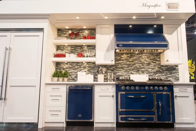 At KBIS 2016,Viking showed off the Tuscany range (seen here in blue) in a modern-looking kitchen.