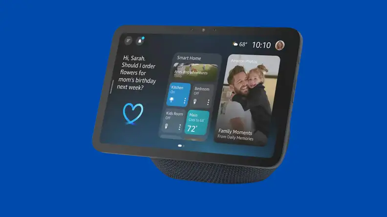 A smart assistant with a screen sits on a blue background