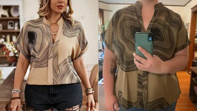 model wearing a shirt and then our tester wearing the same shirt